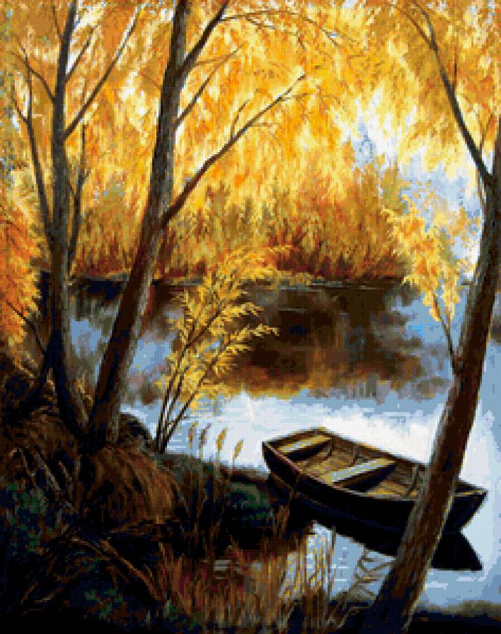 осень - река, лодка, листва, осень - предпросмотр