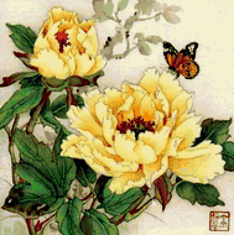 Желтые пионы в китайской живописи