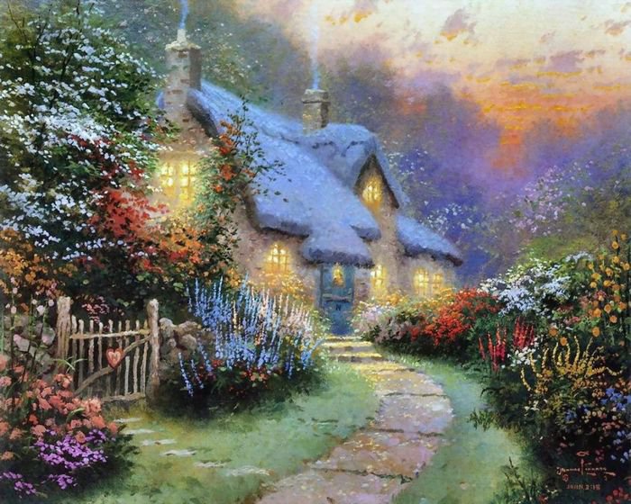 Праздник Света от Томаса Кинкейда (Thomas Kinkade) - дом, природа, зима - оригинал
