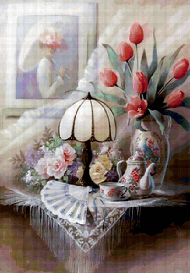 натюрморт с лампой - цветы, натюрморт, картина, лампа - предпросмотр