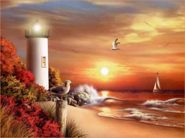 маяк - природа, весна, вода, живопись, картина, река - оригинал