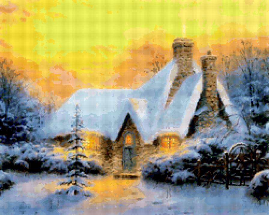зимний домик - живопись, природа, картина, река, ночь, зима - предпросмотр