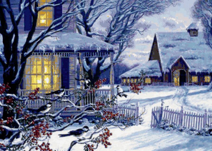 синицы - дом, зима, пейзаж - предпросмотр