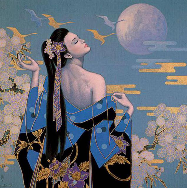 восточная красавица - птицы, природа, китайская живопись, китай, девушка, картина - оригинал
