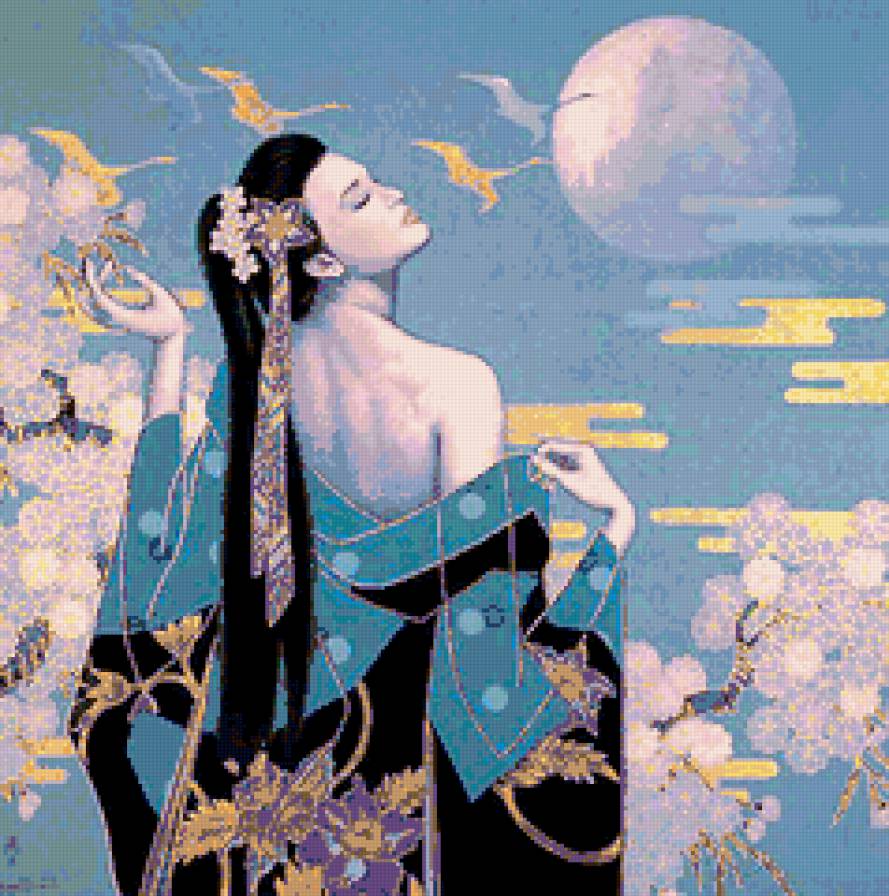 восточная красавица - птицы, картина, китай, китайская живопись, природа, девушка - предпросмотр