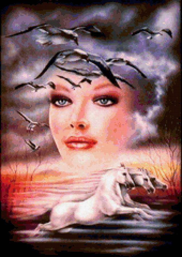 картина - красота, девушка, одиночество, картина, лошади, любовь, вода - предпросмотр