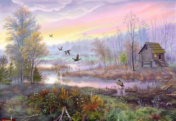 домик на болоте - дом, река, болото, утки - оригинал