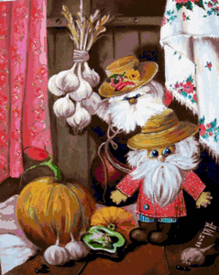 Домовёнок - натюрморт, чеснок, тыква, домовой, домовенок, игрушки - предпросмотр