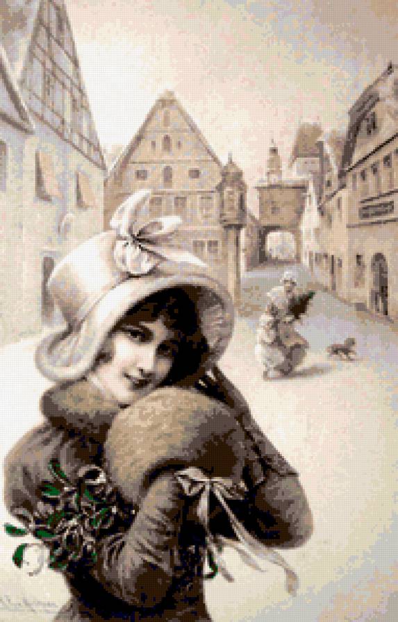 Ретро-портрет - женщина, дама, девушка, шляпка, зима, рождество, ретро, портрет - предпросмотр