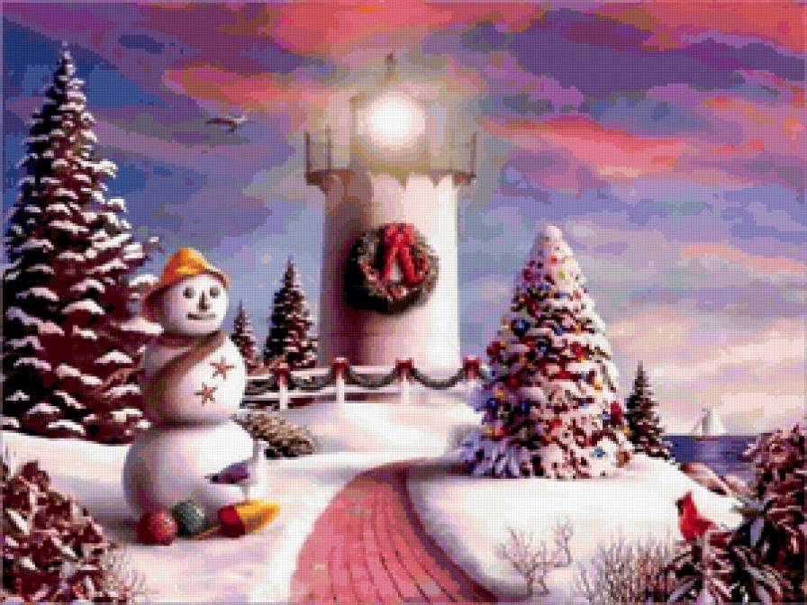 новогодний маяк - пейзаж, море, зима, природа, картина, птицы - предпросмотр