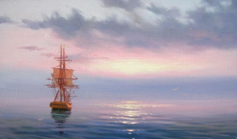 Утренняя тишина - утро, вода, море, парусник - оригинал