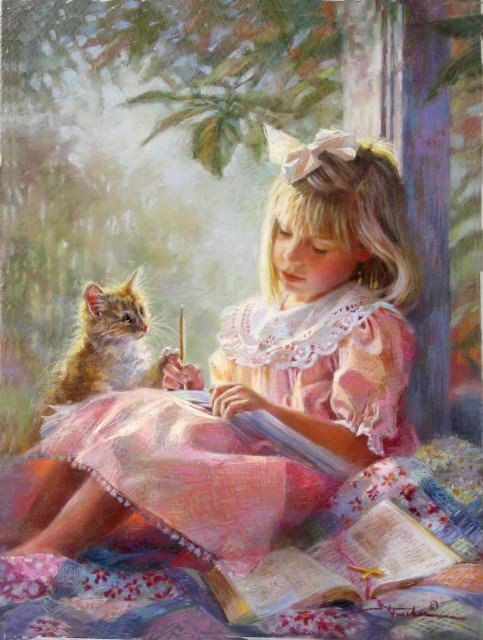 У окна - кошки, дети, картина, окно - оригинал