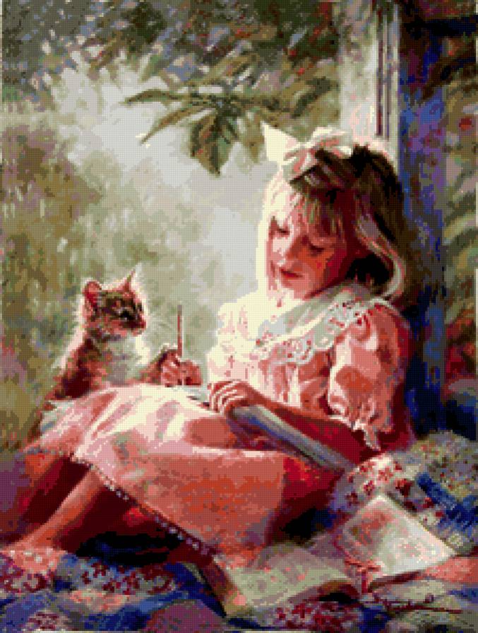 У окна - дети, картина, кошки, окно - предпросмотр