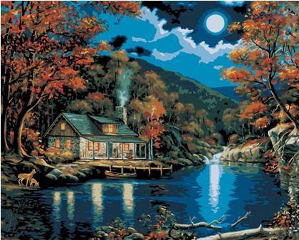 №188498 - лодка, озеро, дом, лес, луна - оригинал
