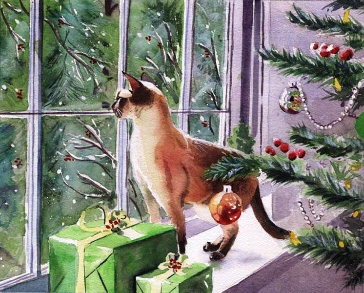 В ожидании праздника - подарки, рождество, кошка, новый год, елка, коты, кот - оригинал