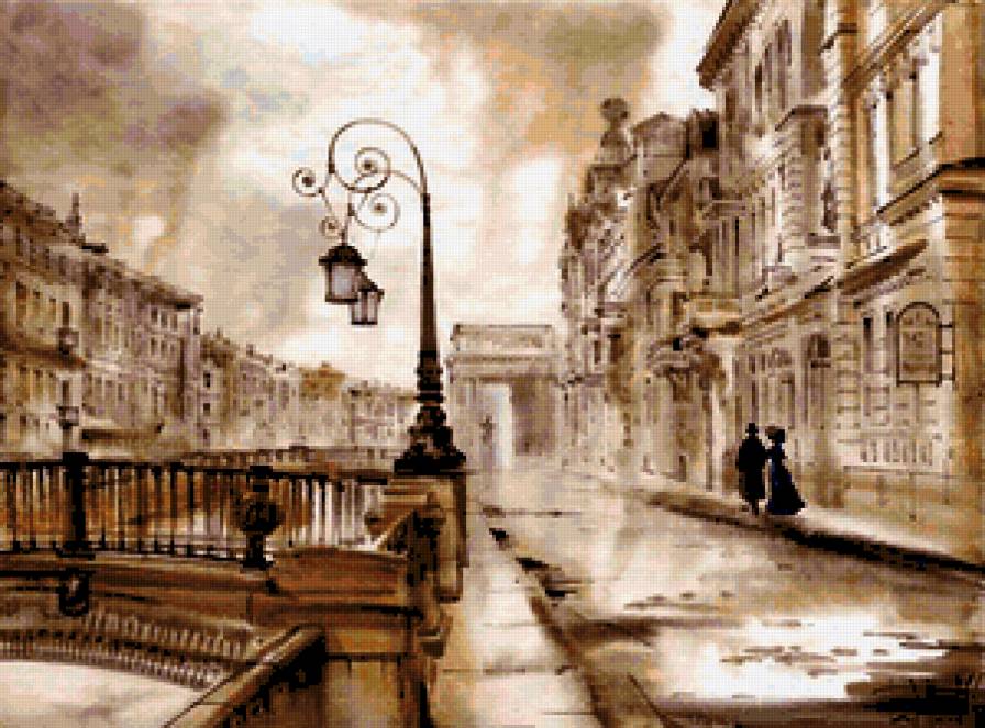 Городской пейзаж - здания, пейзаж, акварель, архитектура, дома, город, осень, ретро - предпросмотр