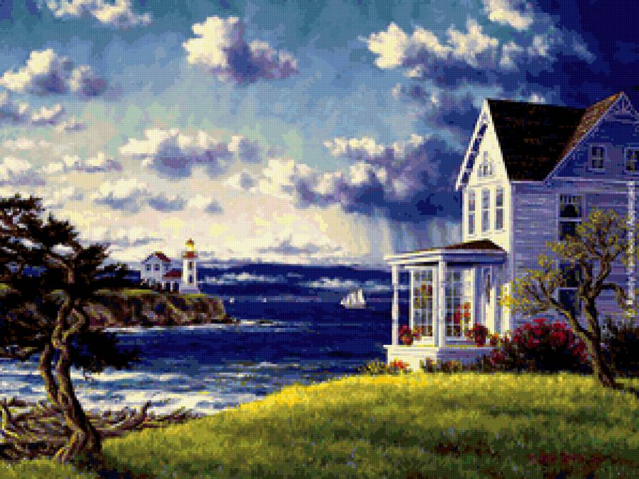 Маяк - тучи, дом, море, маяк, корабль - предпросмотр