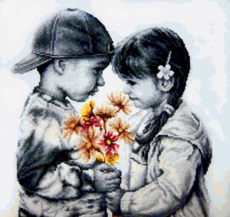 Стеснительная пара - влюбленные, дети, двое, цветы, пара, монохром, девочкa, детское - предпросмотр