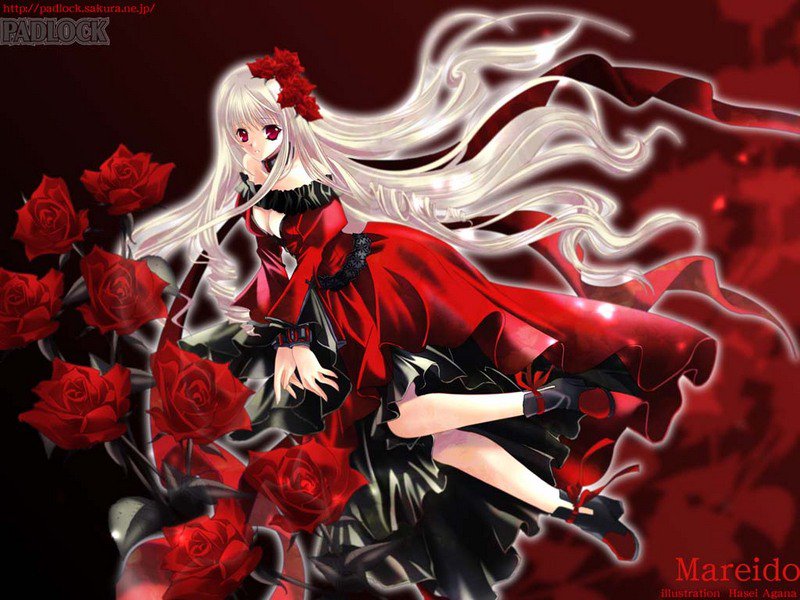 девушка в красном с розами - девушка, розы, аниме - оригинал