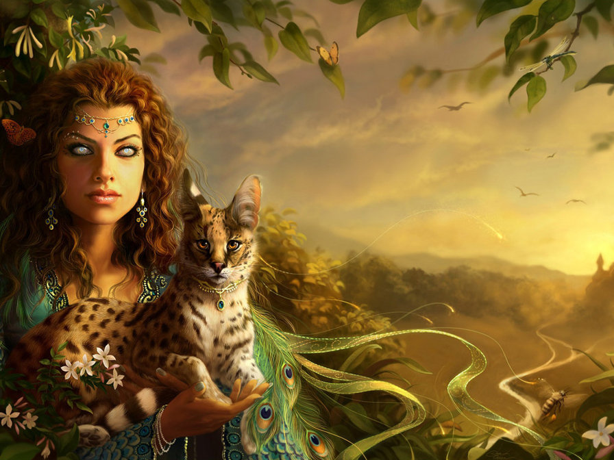 колдунья с хищной кошкой - женщина, леопард - оригинал