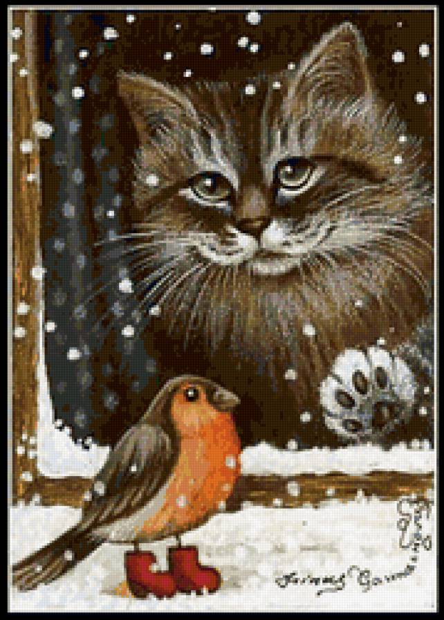 Кот и снегирь - птицы, животные, живопись, коты - предпросмотр