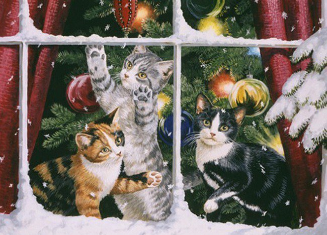 Новогодний день. - кошка, елка, животные, картина, праздник, кот - оригинал