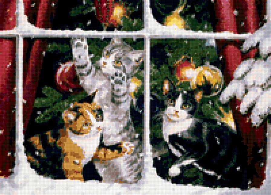 Новогодний день. - кот, елка, праздник, картина, животные, кошка - предпросмотр