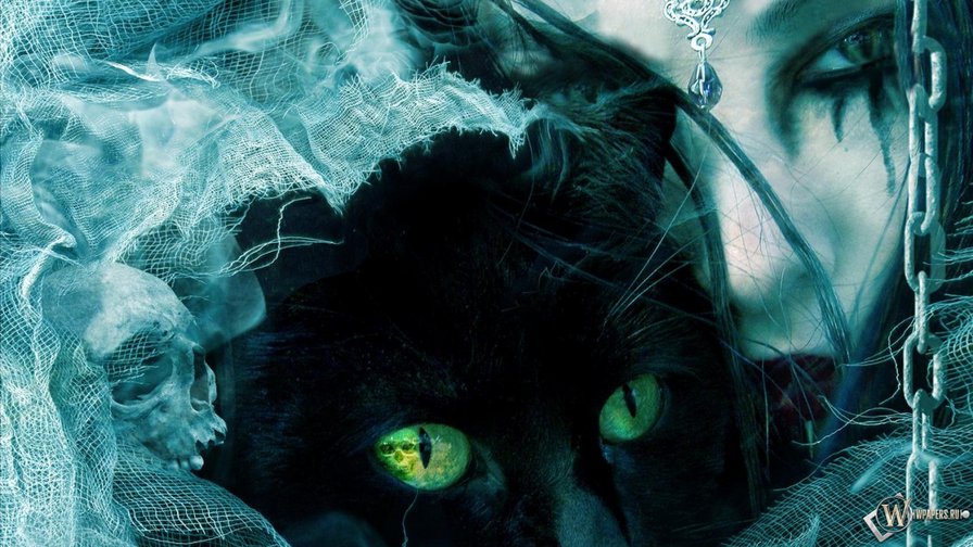 Вампирша. - кошка, темное, зловещее, женщина, животные, картина, кот, девушка - оригинал