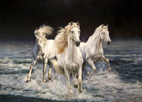 три белых коня - море, животные - оригинал
