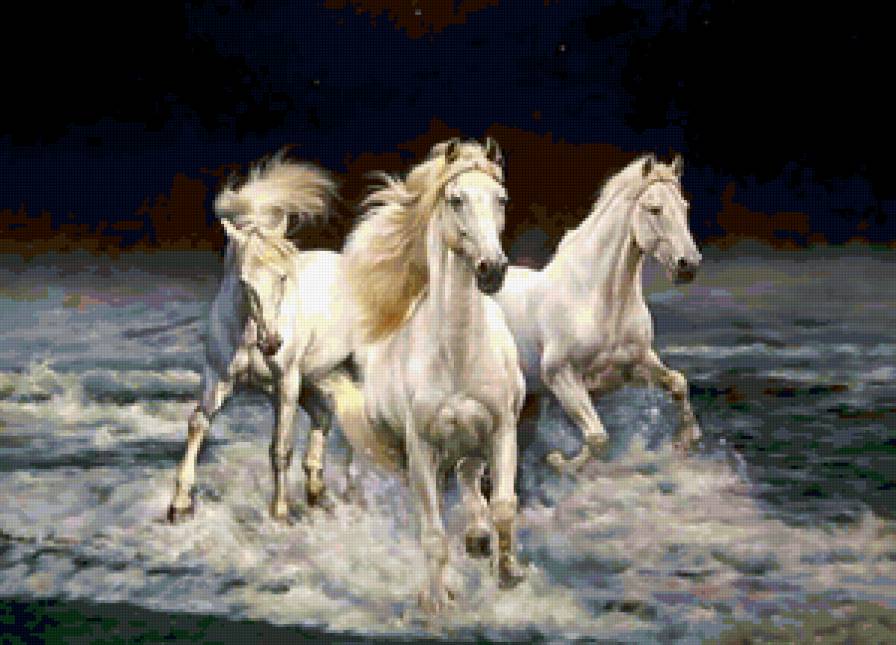 три белых коня - животные, море - предпросмотр