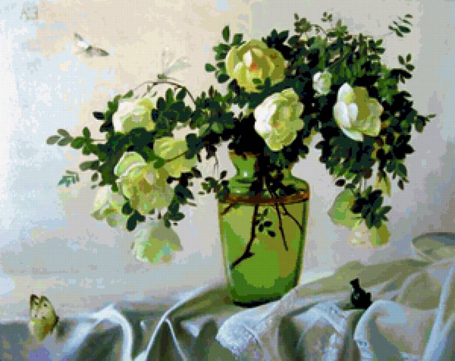 Белый шиповник - натюрморт, розы, букет, цветы, шиповник, роза, ваза - предпросмотр