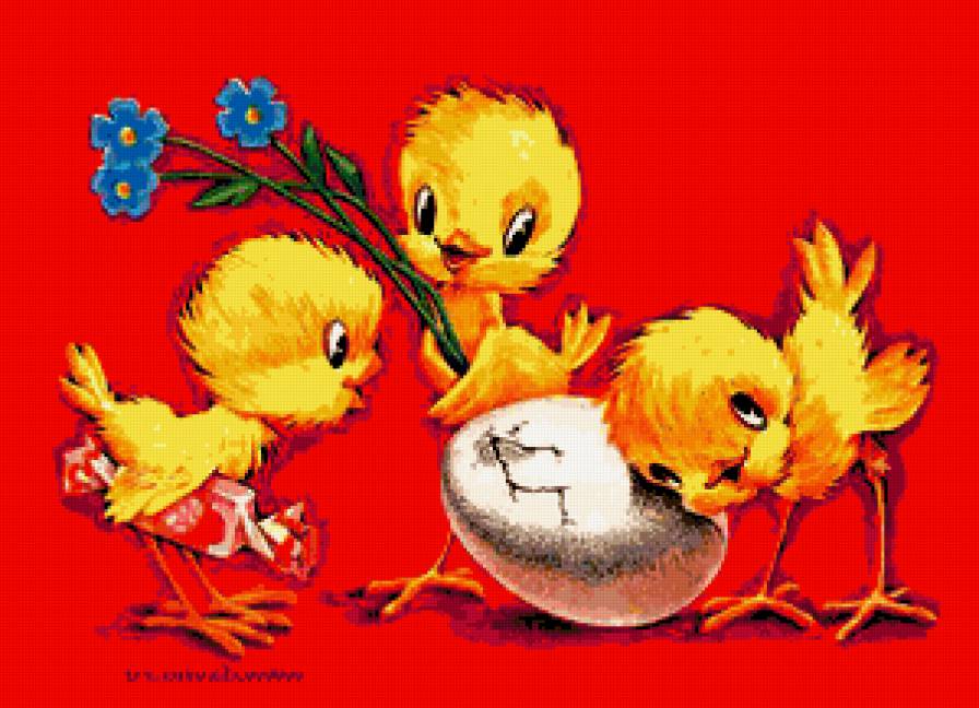 Пасхальная открытка - птичк, птицы, цыпленок, яичко, пасха, васильки, цветы, цыплята, открытка - предпросмотр