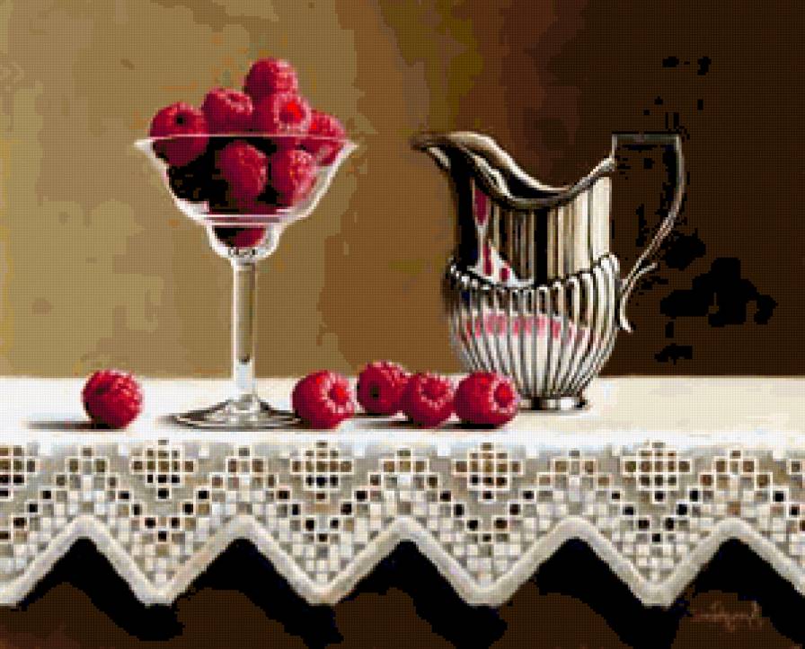 8976778 - натюрморт, малины, серебряный кувшин - предпросмотр