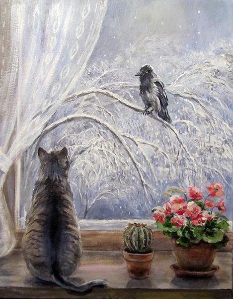№189915 - зима, окно, животные, картина, кошки - оригинал