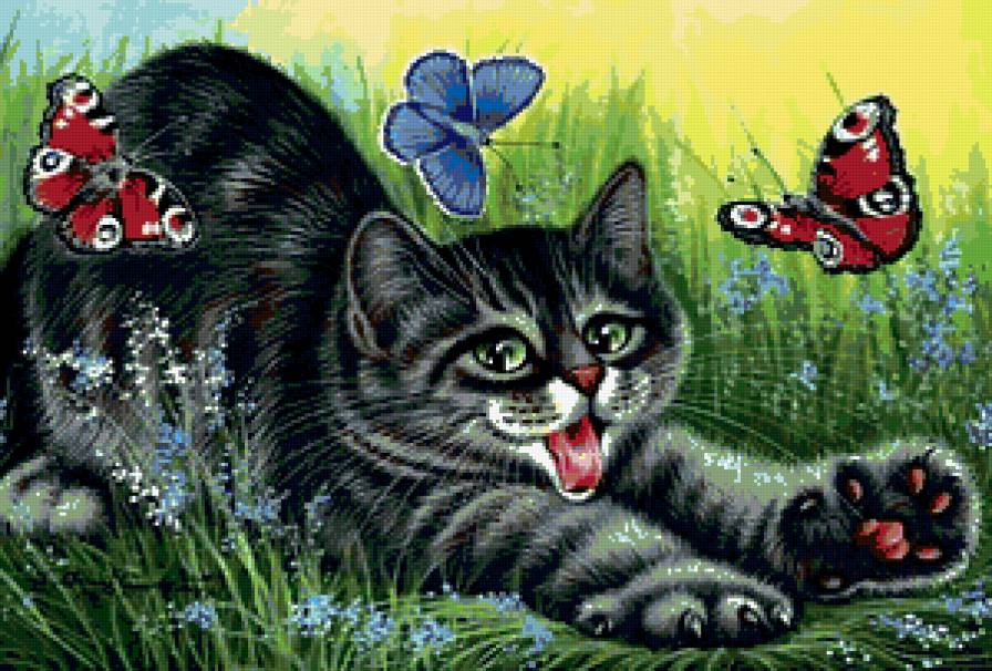 Кошечки И.Гармашовой - бабочки, животные, кошки, цветы - предпросмотр