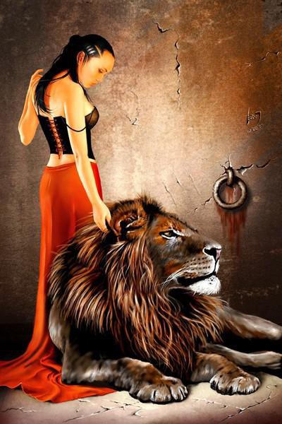 Девушка и лев - девушка, звери, картина, животние, лев - оригинал