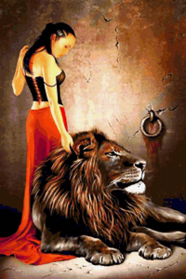 Девушка и лев - животние, девушка, картина, звери, лев - предпросмотр