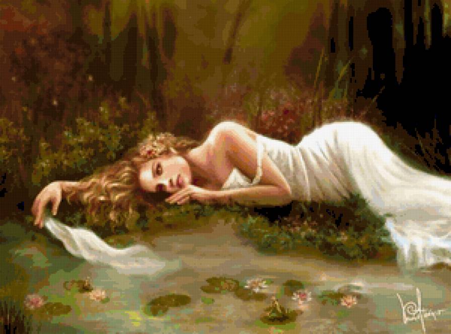 Девушка на берегу - озеро, девушка, лес, природа, картина - предпросмотр