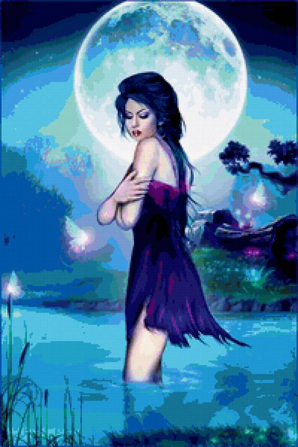 Полнолуние - ночь, девушка, картина, вода, природа, озеро, полнолуние - предпросмотр