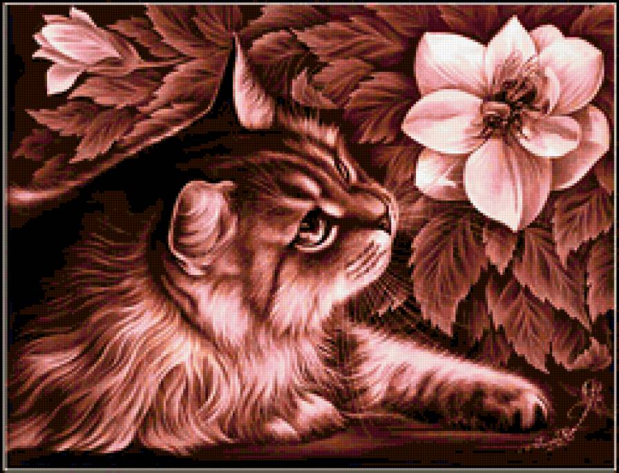 Кот и цветы - живопись, цветы, животные, коты - предпросмотр