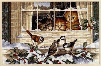 №191361 - птицы, снег, котята, воробьи, зима - оригинал