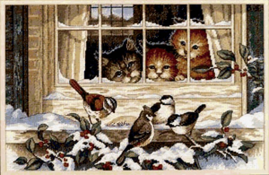 №191361 - котята, воробьи, зима, снег, птицы - предпросмотр