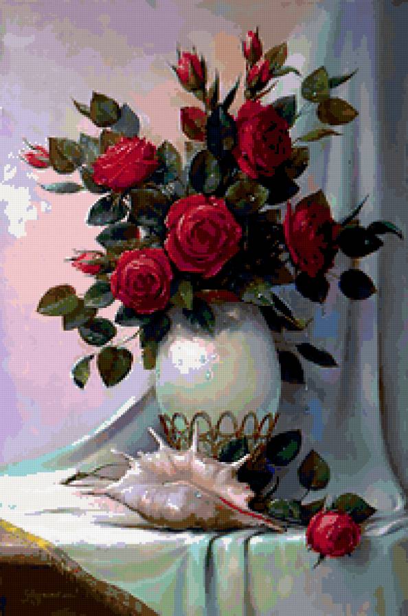 №191365 - ваза, красные розы, розы, раковина - предпросмотр