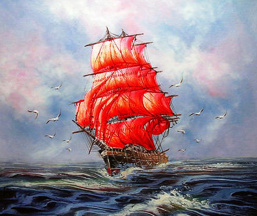 алые паруса - чайки, корабль, шторм, море, волны, морской, паруса, кар, фригат - оригинал
