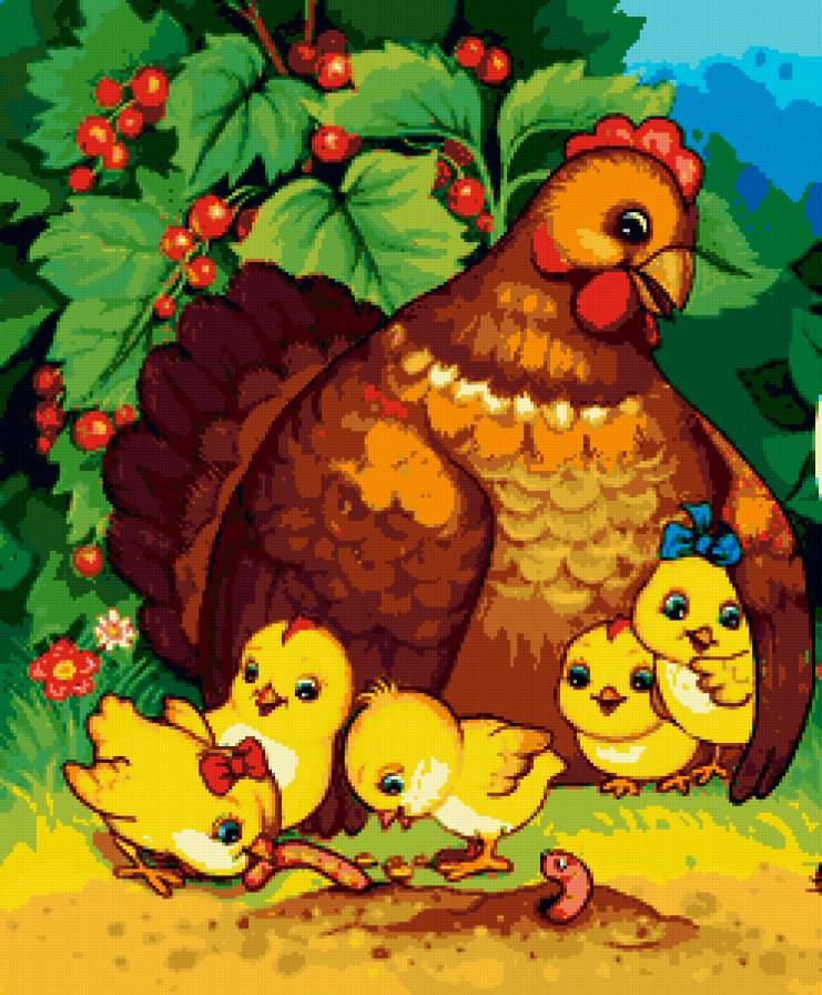Наседка с цыплятами - дети, цветы, курочка, петушки, птицы, цыпленок, цыплята - предпросмотр