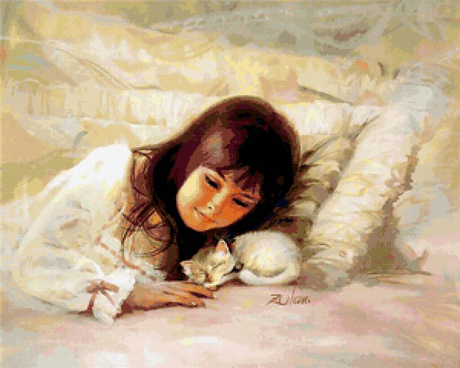 Девочка с котенком - дети, картина, кошки - предпросмотр