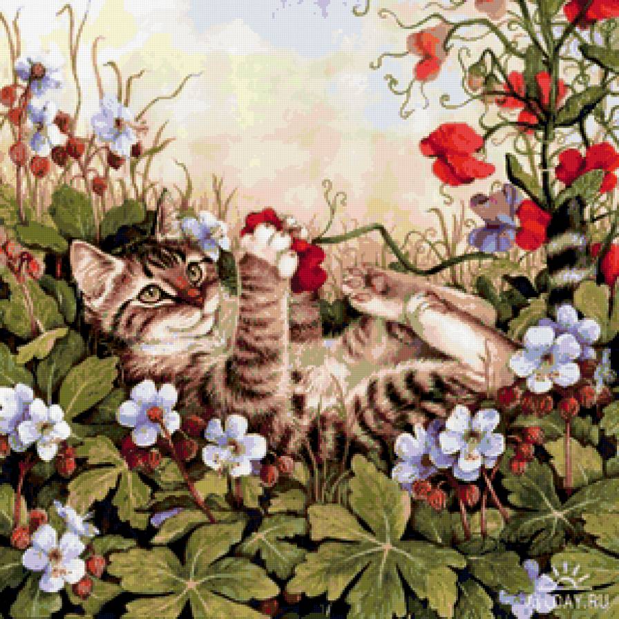 котенок в цветах - цветы, природа, животные, картина, кошки - предпросмотр