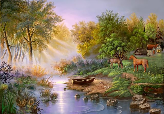 умиротворение - природа, кони, река - оригинал