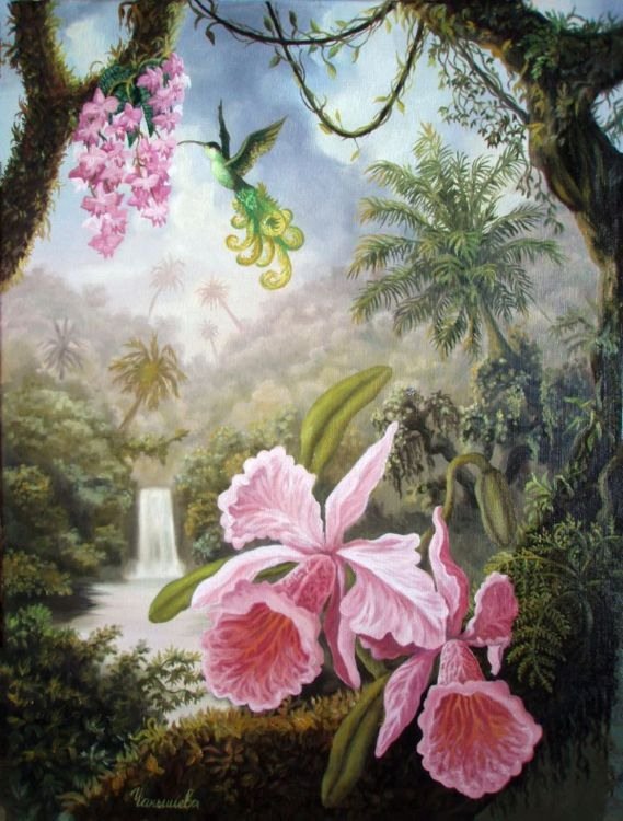 Орхидеи - пейзаж, цветы, орхидея, птицы, картина, цвет, природа - оригинал