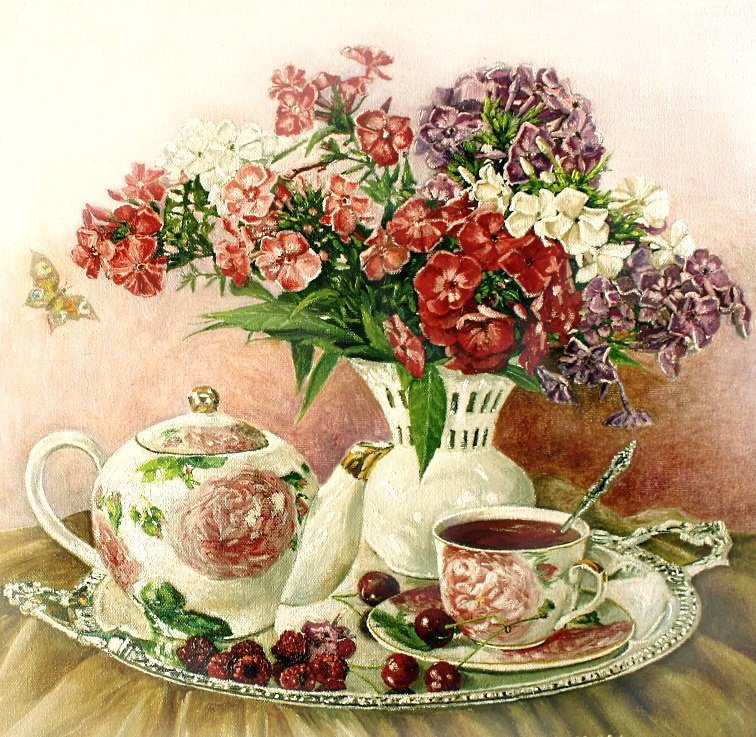 натюрморт  ''флоксы'' - чаепитие, чай, картина, посуда, натюрморт, кухня, для кухни, чашка - оригинал